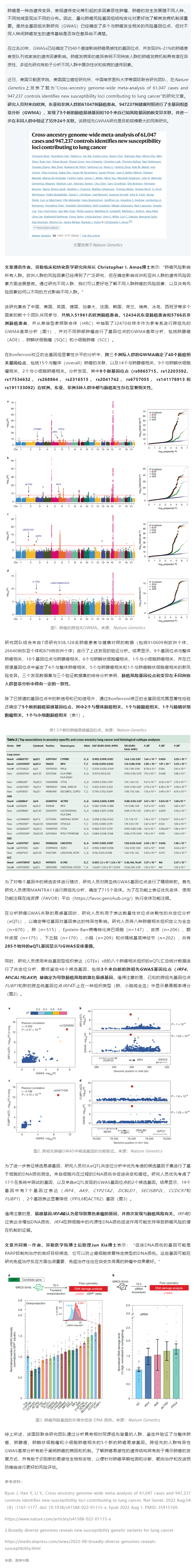 Nat Genet _ 中美等多国研究团队完成超百万人跨祖先全基因组荟萃分析，鉴定新的肺癌易感位点