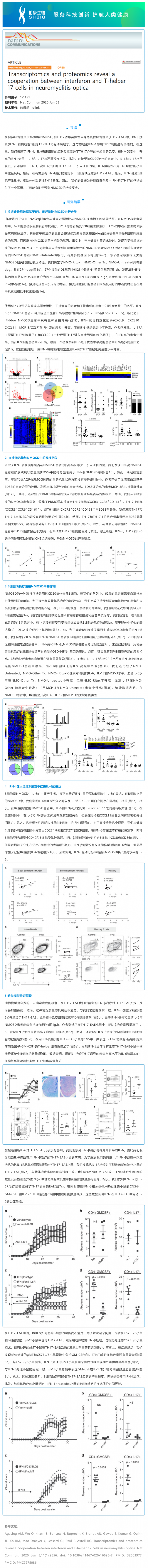 文献解读 | 转录组学和蛋白质组学揭示视神经脊髓炎中干扰素和辅助性 T 细胞 17 的协同作用